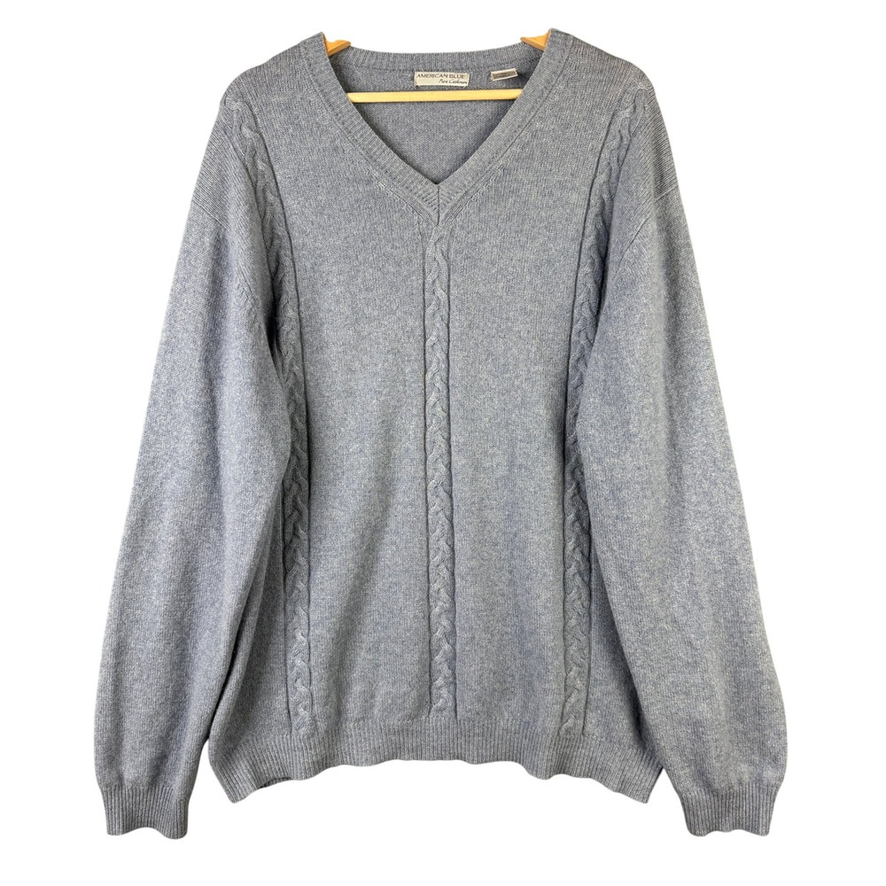 American Blue Pure Cashmere V-Neck Cable Knit Sweater Light Blue XL